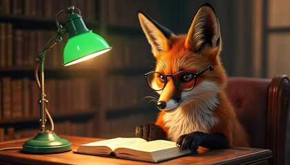 Obraz premium Smart fox wearing glasses reads book at desk under green lamp. Cozy library interior with bookshelves provides warm light for animal studying knowledge. Fox learns.