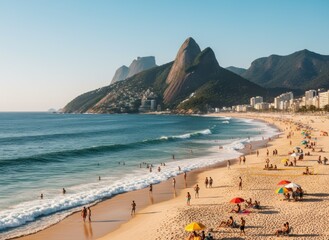Obraz premium Scenic beach scene with people, mountains, ocean, sand, and city in the background