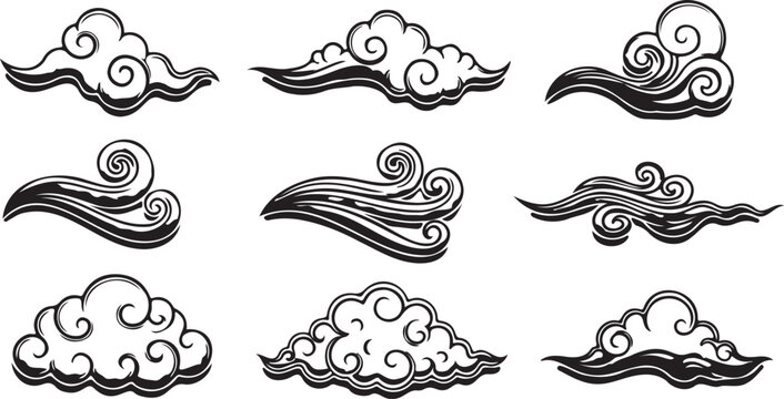 Traditional Japanese clouds and water waves set, oriental style hand drawn vector elements, vintage chinese cloud patterns for decorative design