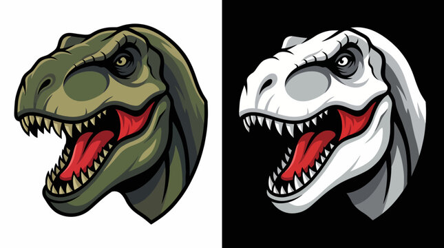 An impressive graphic logo featuring a ferocious dinosaur head, rendered in bold colors with fierce expressions, perfect for an adventurous brand or project.