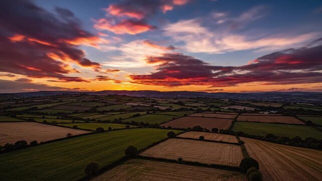 Aerial drone footage capturing a serene countryside landscape with vibrant green fields and golden crops