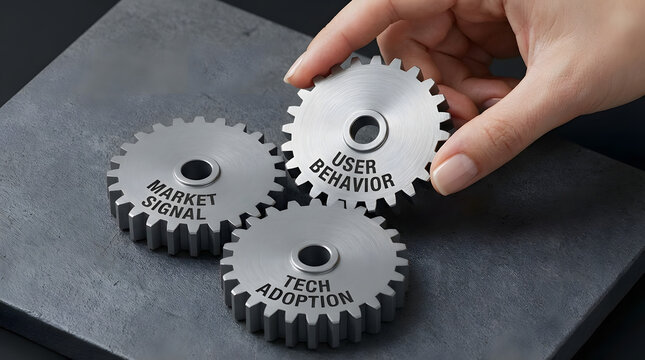 Hand placing gear with 'user behavior' on top of 'market signal' and 'tech adoption' gears on gray surface