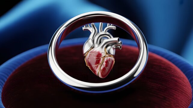 Anatomical human heart inside silver wedding ring, realistic medical heart organ on velvet jewelry cushion, conceptual love and health cardiology symbol, romantic commitment and life concept