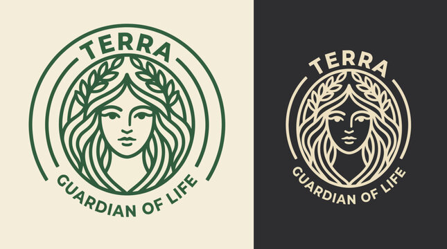 This logo design features a serene female figure symbolizing nature, adorned with foliage, capturing the essence of life, guardianship, and environmental stewardship.