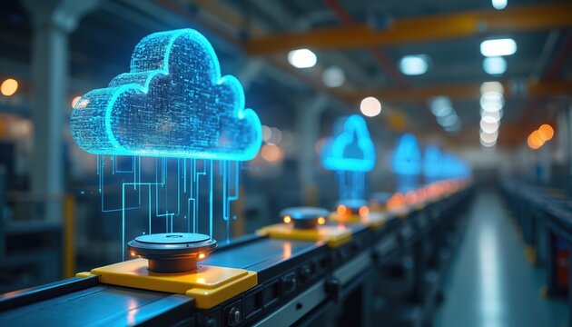 Factory sensors send data streams to cloud interface over production line. Network connectivity monitors automation, manufacturing processes for efficiency, performance. Futuristic industrial tech.
