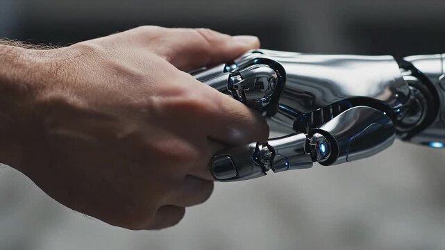 Macro Shot Of Human And Robotic Hands Clasping In Firm Handshake