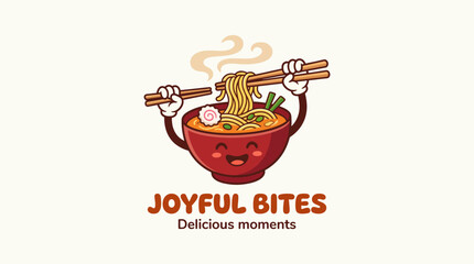 A cheerful cartoon bowl of ramen, with expressive hands holding chopsticks, captures the joy of eating delicious noodles in a fun and playful manner. © uki