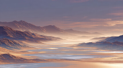 Fototapeta premium Sunlight touches peaks while fog blankets valleys below