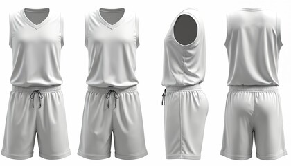 Obraz premium White basketball uniform set for men women. Sleeveless jersey, matching shorts shown from front back, side views. Plain design perfect for custom branding team colors. Athletic apparel for game