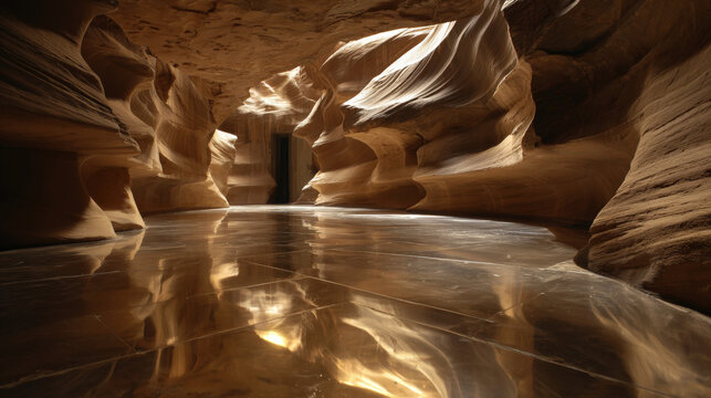 Sunlit slot canyon with water reflecting sandstone curves
