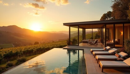Obraz premium Modern villa with infinity pool overlooks vineyard hills at golden hour sunset. Luxury estate offers serene relaxation with comfortable lounge chairs and scenic views.