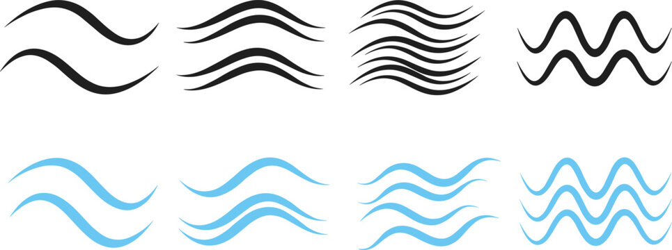 Set of professional water wave icons featuring ocean ripples and sea flow in black and blue linear styles for design.