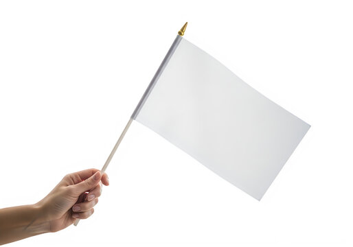 A person holding a small blank white rectangular flag attached to a wooden stick with a gold top