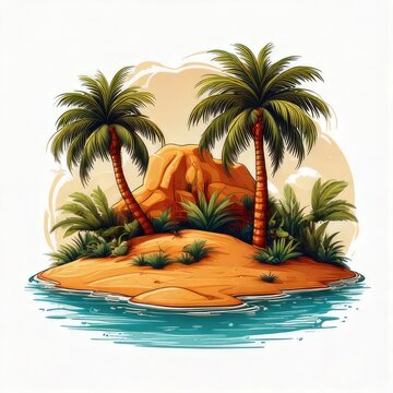 Tiny cartoon island with palm trees and ocean