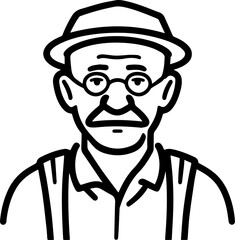 Obraz premium Hand Drawn Elderly Farmer Man Black and White Illustration in Minimal Solid Art Style Design