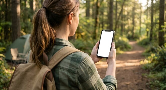 Over the Shoulder View of Woman Hiker with Backpack Holding Smartphone with Blank White Mockup Screen in Forest near Tent