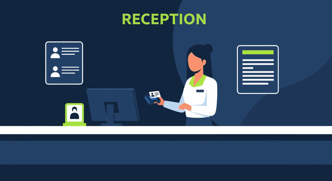 Receptionist at Desk: Illustration of Modern Office Administration and Customer Service