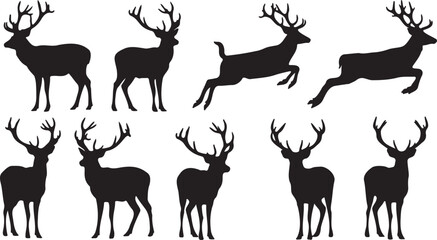 Obraz premium Deer silhouette collection with 9 vector elements, wild reindeer and stag buck icons, black forest animal shapes for hunting and nature design