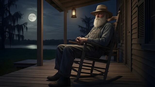 An elderly man with a long white beard and a hat sits in a rocking chair on a rustic wooden porch at night, illuminated by a full moon and a lantern.