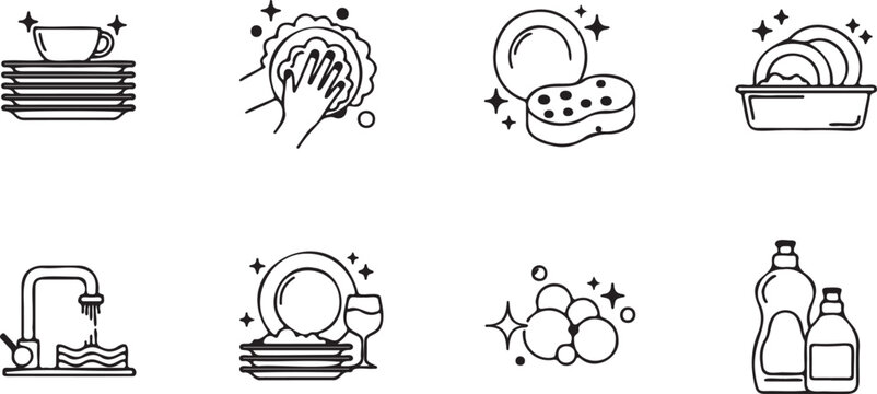 Minimalist dishwashing line icon set, 8 black and white kitchen cleaning vector elements, household chores and dish soap symbols for web design