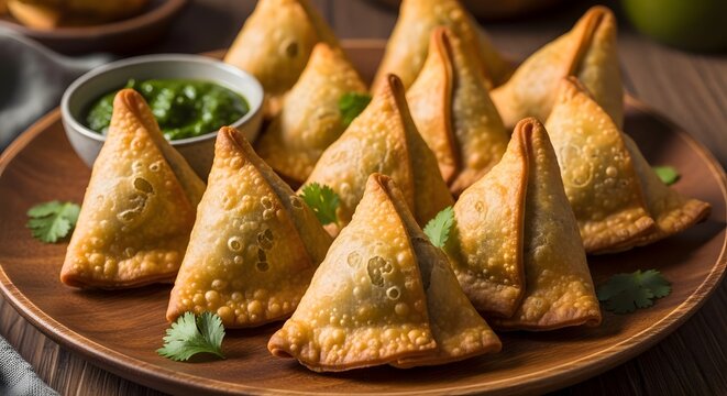 Delicious Samosas arranged on a wooden platter with a side of mint chutney, perfect for a snack or appetizer