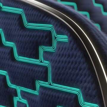 Futuristic smart fabric with glowing neon turquoise circuits, high-tech carbon fiber texture on dark navy textile, electronic wearable technology concept, innovative digital mesh material