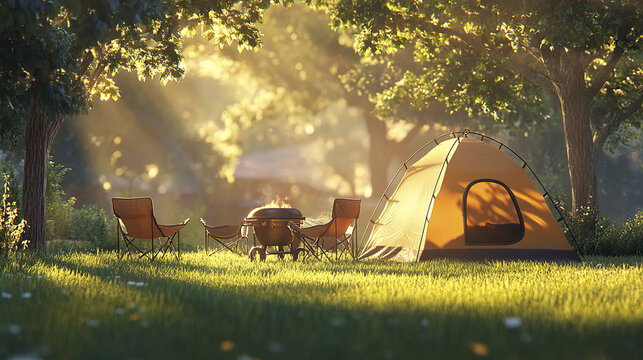 Bright outdoor camping setup with single yellow tent, four folding chairs, and small fire pit surrounded by lush green grass and tall trees in warm sunlight