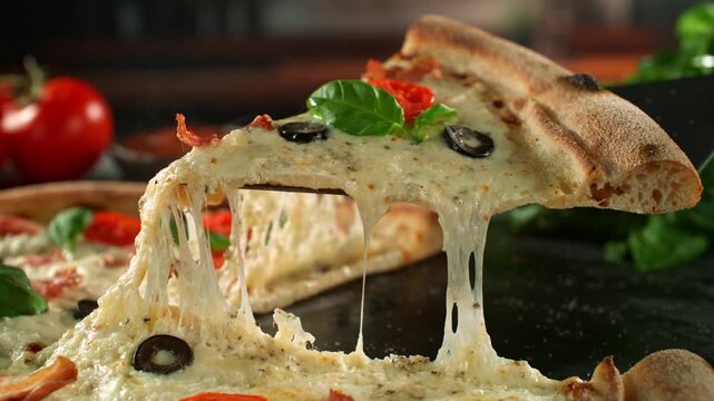 Ultra Slow Motion of Pizza with Melted Cheese Stretching Between Slices at 1000fps.
