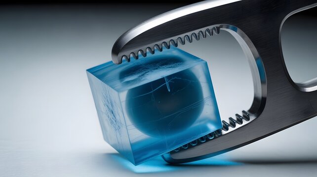 Conceptual pressure and stress metaphor, metal nutcracker crushing a translucent blue cube, industrial steel tool squeezing a fragile glass block, strength and resistance concept