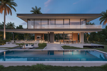 Fototapeta premium Modern house with pool and palm trees in tropical setting at dusk