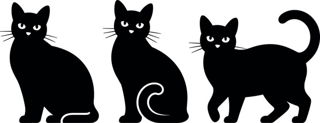 Black cat silhouette set with different poses in minimalist vector illustration style © MstAduri