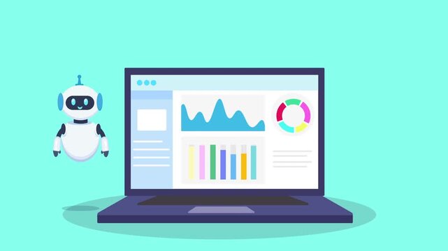 Animated video of a robot assistant beside a laptop displaying a data analytics dashboard with charts, graphs, and a pie chart, representing automation, insights, and digital business reporting in fla