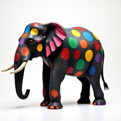 Fototapeta premium An Asian elephant statue covered in colorful polka dots is presented against a white background. This whimsical art piece features vibrant circles on a black elephant.