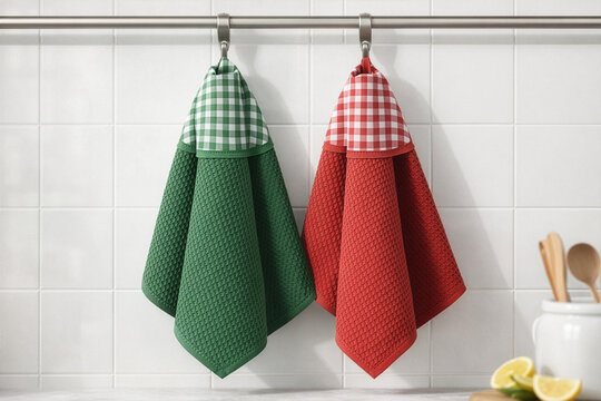 Green and Red Gingham Kitchen Towels Hanging on Stainless Steel Hooks on White Tile Wall