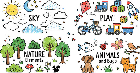 Fototapeta premium Comprehensive Kids Doodle Vector Set Featuring Sky Elements Playful Toys Nature Landscapes and Cute Animals for Educational Materials Nursery Decor and Children Creative Art Projects