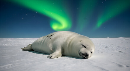 Fototapeta premium Adorable white harp seal pup sleeping under northern lights on ice