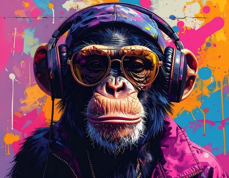 Chimpanzee DJ - A Vibrant Portrait of a Monkey with Headphones and Sunglasses.