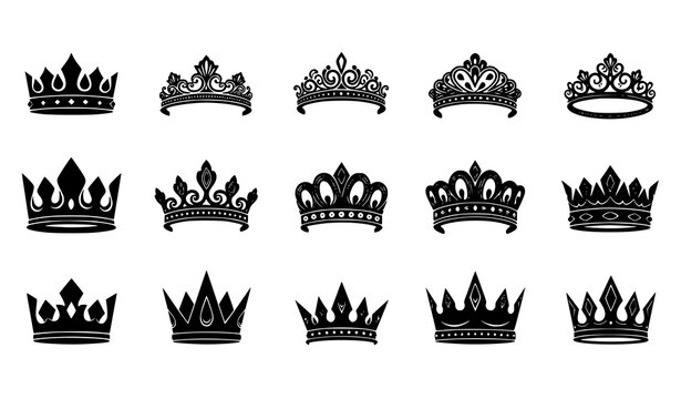Luxury royal crown silhouettes vector king queen monarchy icon set