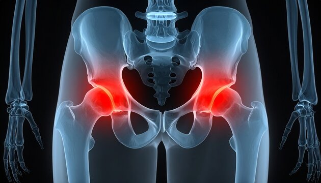 A digital medical illustration of the human pelvic region viewed from the front, focusing on the hip joints. The skeletal structure, including the spine, pelvis, and femurs, is rendered in semi-transp