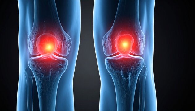 A digital medical illustration of a human knee joint viewed in close-up, emphasizing the patella and surrounding structures. The joint is semi-transparent, revealing the femur, tibia, and cartilage al