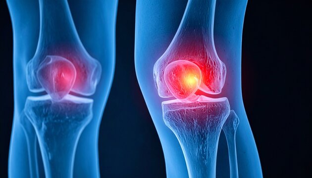 A digital medical illustration of a human knee joint viewed in close-up, emphasizing the patella and surrounding structures. The joint is semi-transparent, revealing the femur, tibia, and cartilage al