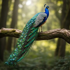 Naklejka premium A vibrant peacock perched on a tree branch in a forest
