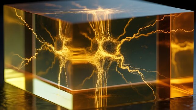 Glowing electrical discharge inside glass cube, Lichtenberg figure with golden lightning bolts, transparent crystal block with trapped energy, futuristic scientific experiment concept