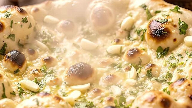 A tantalizing close-up shot of freshly baked, steaming flatbread, generously adorned with glistening garlic slices and vibrant green herbs. The warm, golden-brown surface features appetizing, slightly