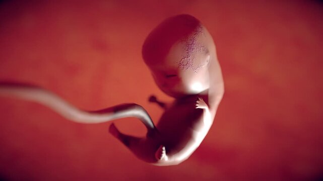 Human Fetus in Womb Detailed Development and Umbilical Cord in Red Background, Showcasing Prenatal Life and Growth Stages with Intimate, Serene Atmosphere
