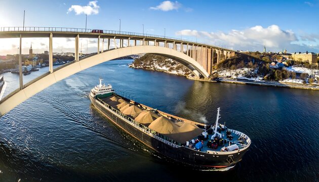 Cargo Ship Sailing Under Vasterbron Bridge in Stockholm, Sweden on a Sunny Day.