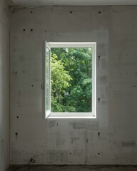 Fototapeta premium A bright view of lush green trees framed through an open window in an unfinished concrete room
