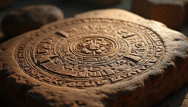 Old clay tablet with cuneiform writing and astrological symbols is unearthed. Ancient script on stone artifact reveals historic language and math knowledge. Researching old civilization culture.