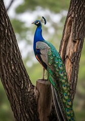 Obraz premium A vibrant peacock perched on a tree stump in a lush green forest