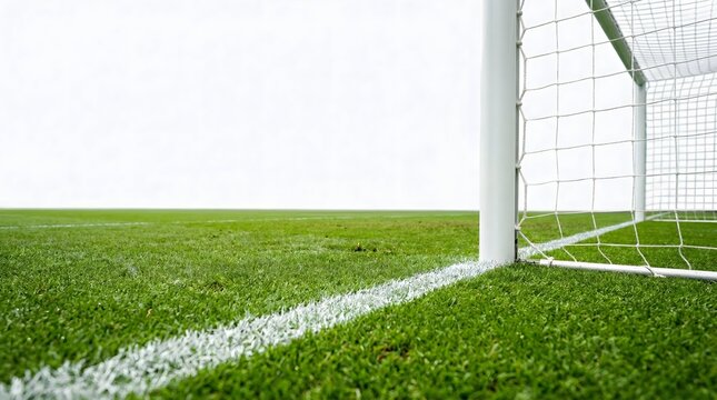 Closeup a football field with small green grass in a stadium on white background 